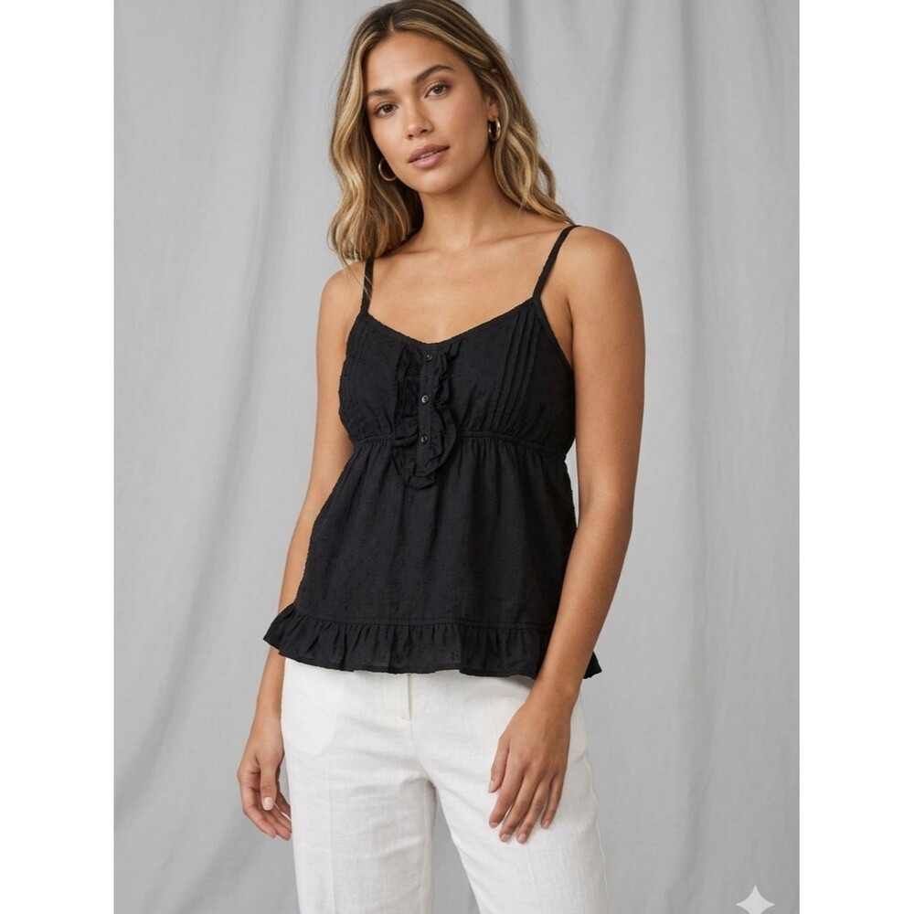 lei Black Ruffle-Trim Spaghetti Strap Camisole Tank Med babydoll, Y2K pintuck